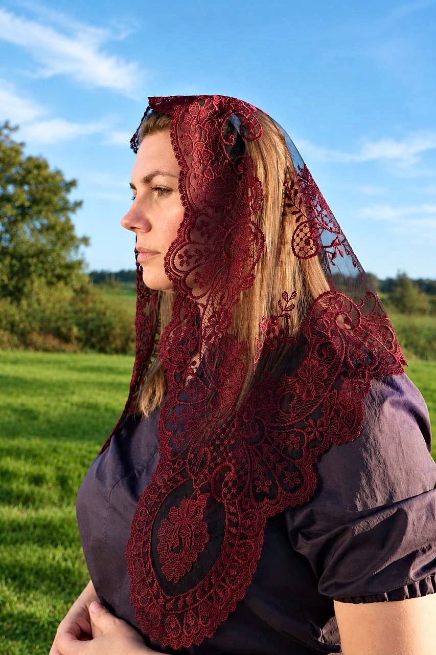 Burgundy Floral Lace Mantilla