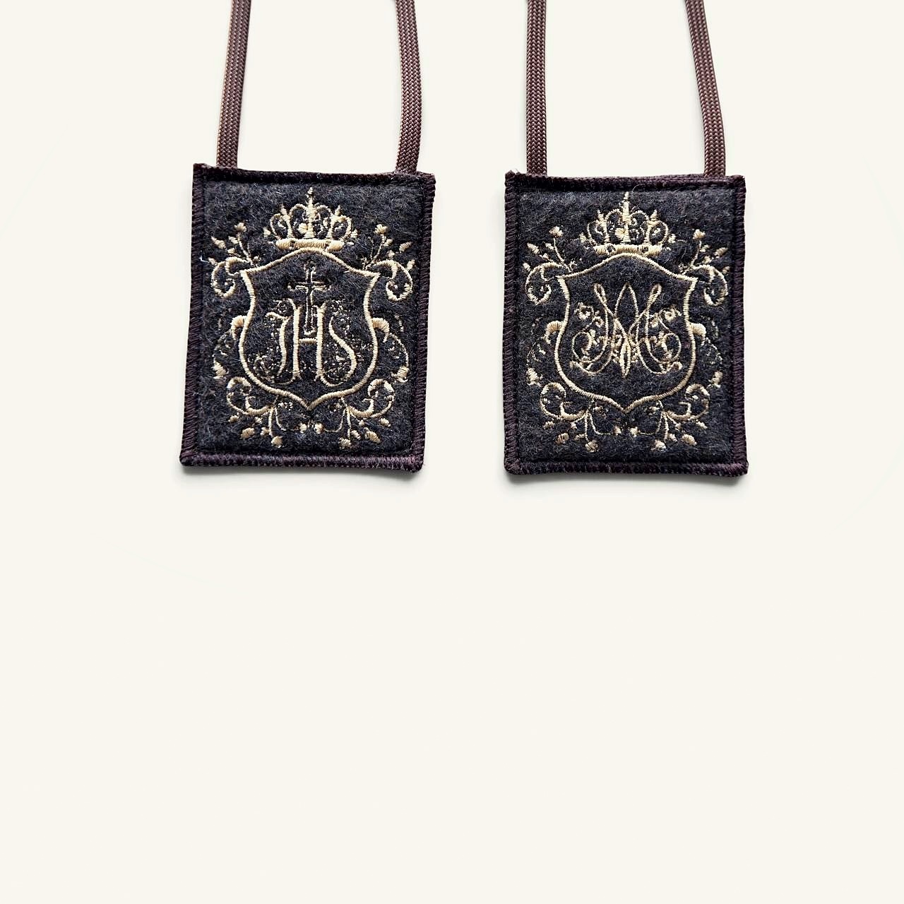 Brown Scapular of the Holy Names of Jesus and Mary – Crowned Shield Design
