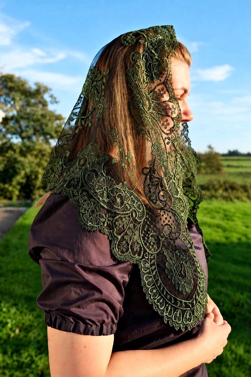 Olive Green Floral Lace Mantilla